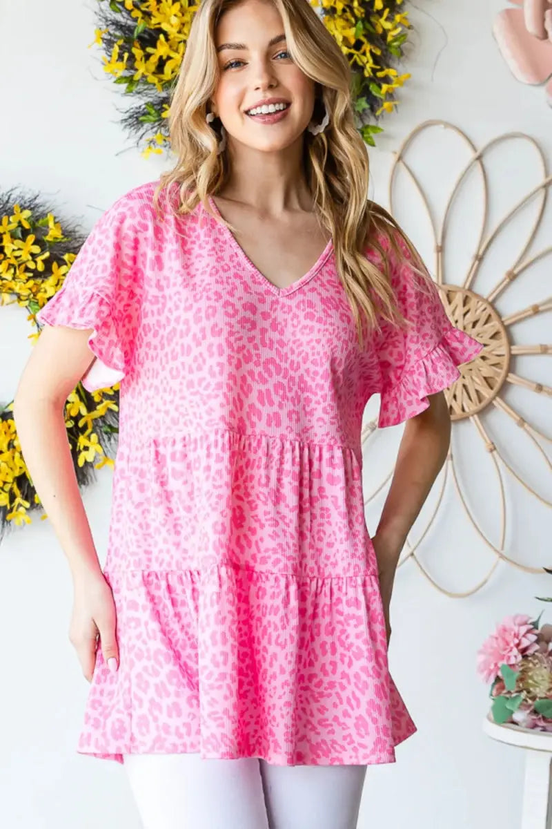 Heimish Full Size Leopard Ruffle Trim Short Sleeve Top - Love Salve